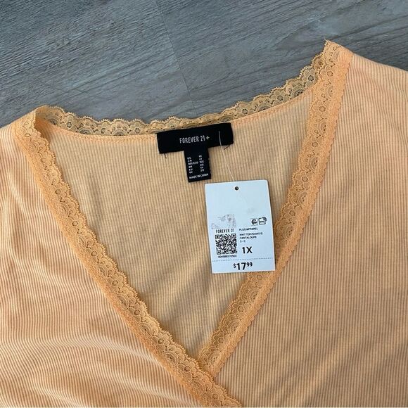 Forever 21 Ribbed Surplice Top Lace Trim Peach Plus 1X - Picture 5 of 11